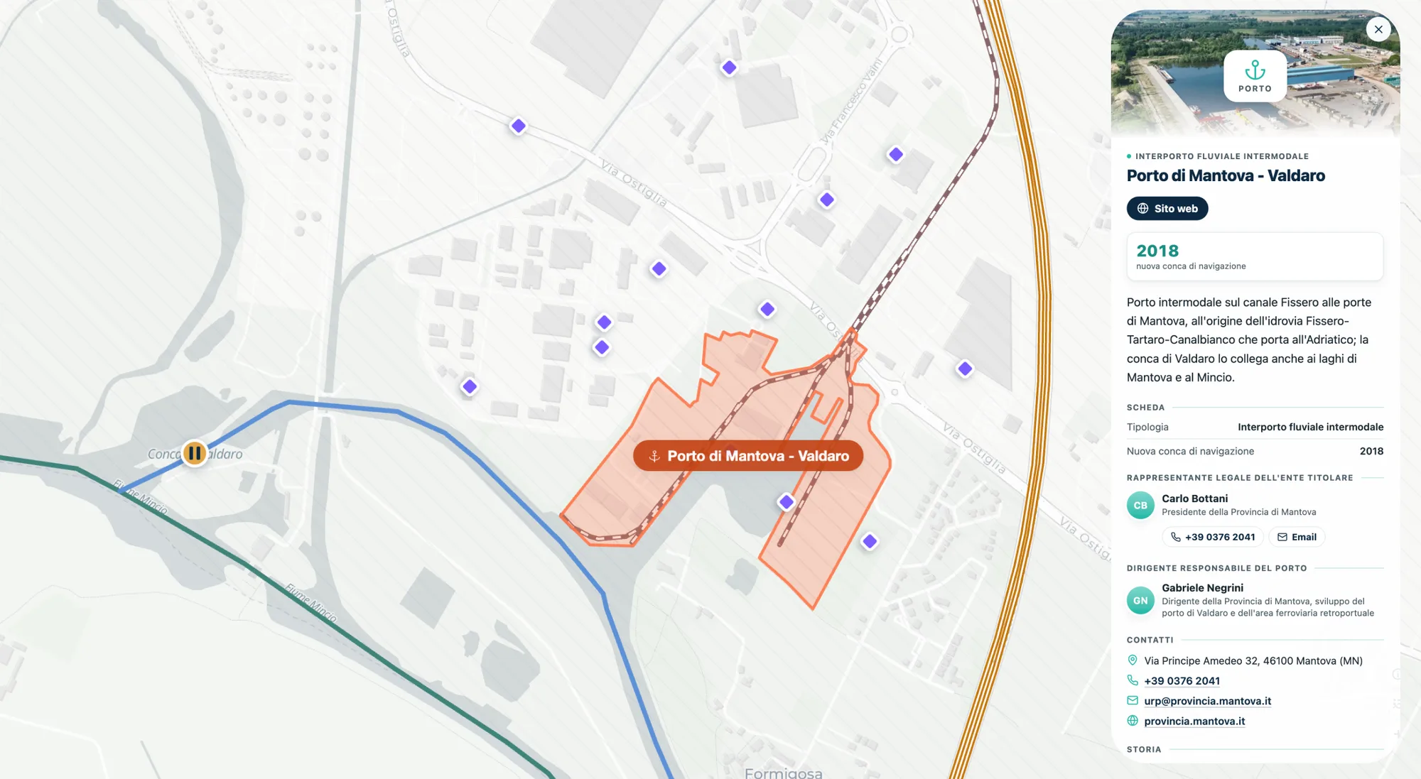 Mappa del porto fluviale intermodale di Mantova-Valdaro, perimetrato in arancione, con il pannello dei contatti e dei dati del porto sulla destra
