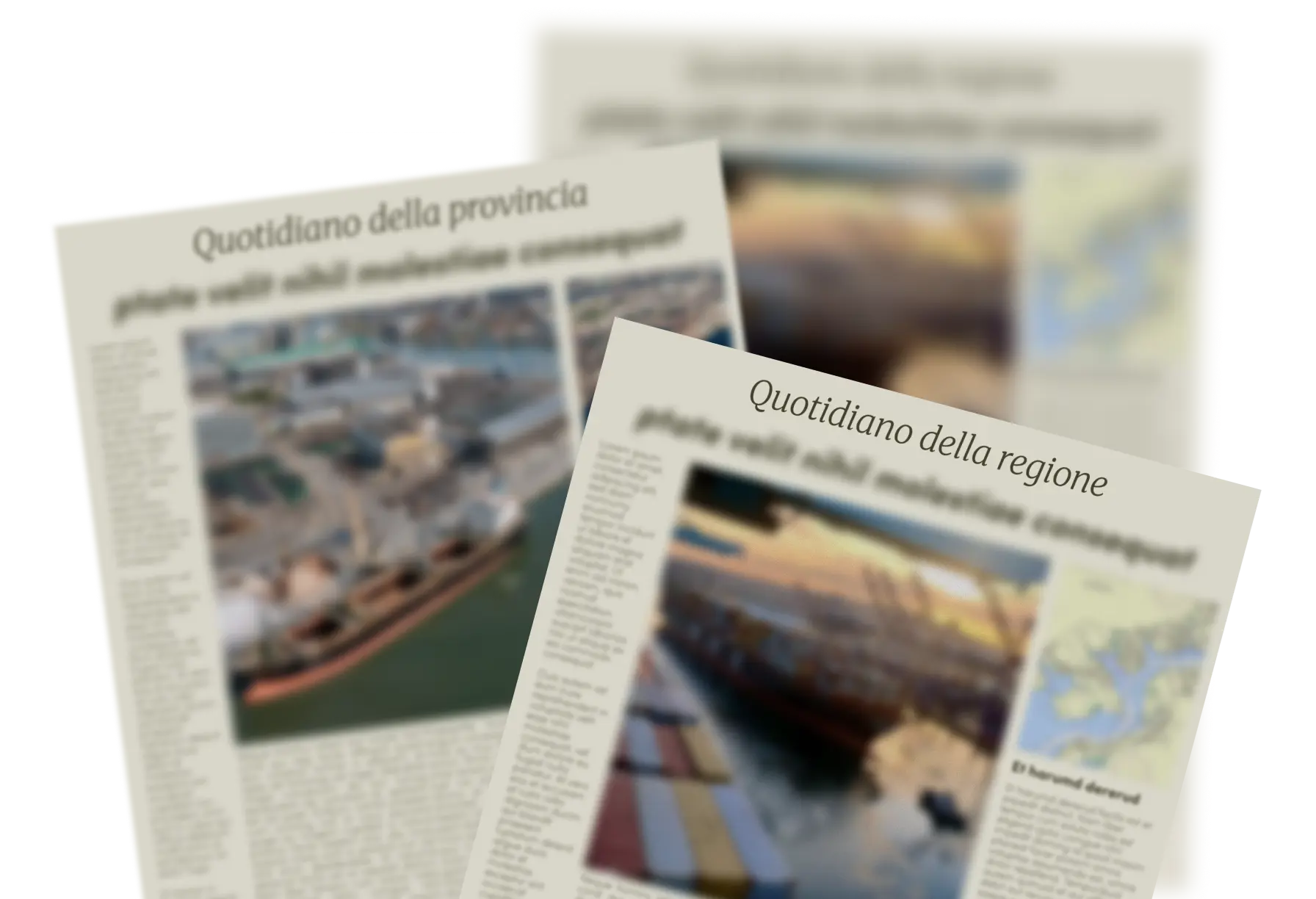 Due prime pagine di giornale sovrapposte, «Quotidiano della provincia» e «Quotidiano della regione», con foto di banchine industriali e navi, colonne di testo e una piccola mappa