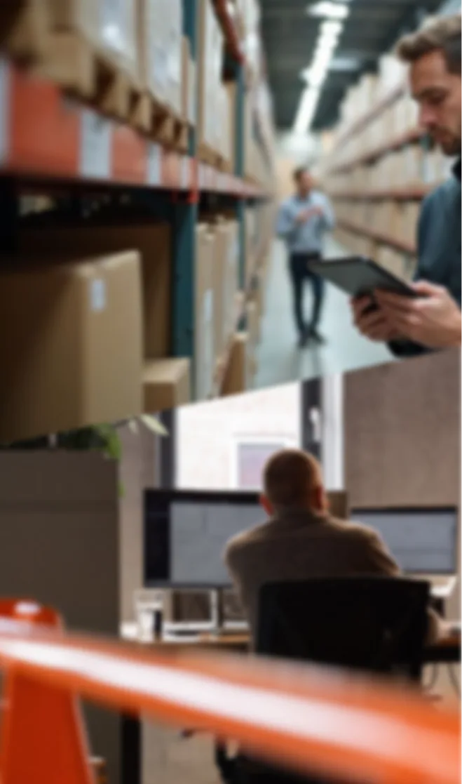 Un magazziniere con un tablet tra gli scaffali e un impiegato davanti ai monitor in ufficio