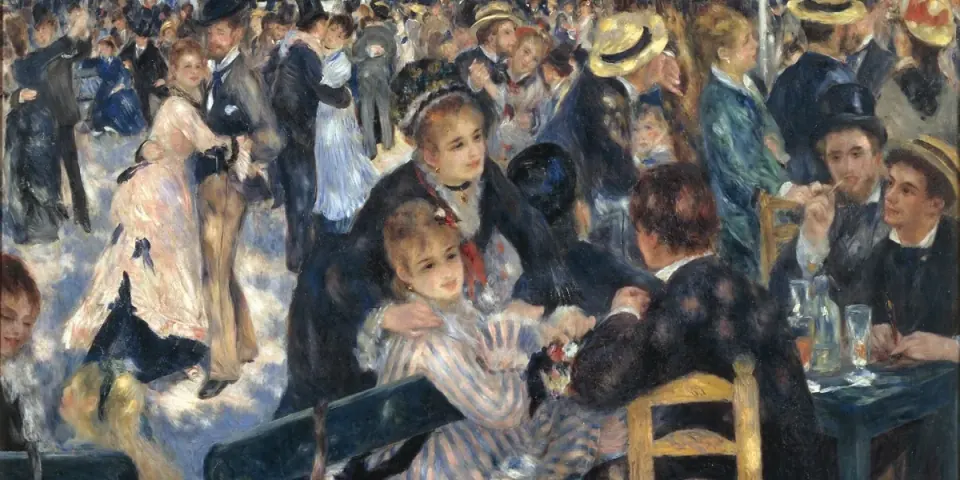 Dipinto impressionista di Renoir: persone che ballano e conversano sotto gli alberi al Moulin de la Galette, nella luce filtrata dal fogliame