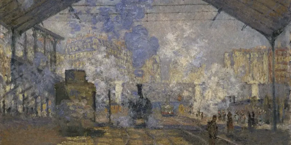Dipinto impressionista di Monet: la stazione Saint-Lazare a Parigi, con locomotive e vapore sotto la grande tettoia di ferro e vetro