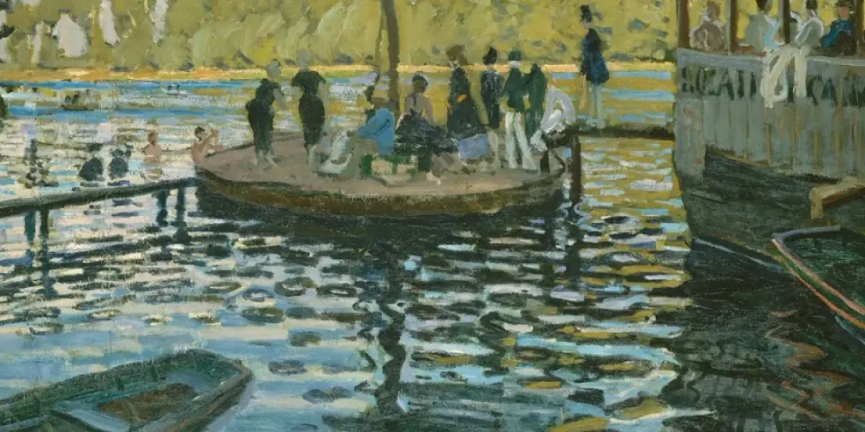 Dipinto impressionista di Monet: barche sull'acqua alla Grenouillère, con i riflessi luminosi e mossi sulla superficie del fiume